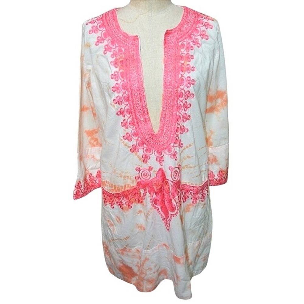 Anya Hindmarch Beach Tie Dye Tunic Dress S Pink Embroidery Cotton 3/4 Boho 70s